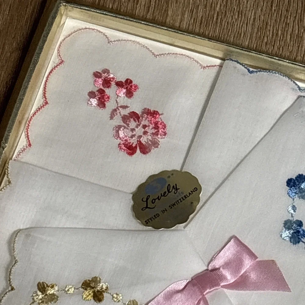 NOS Fruit Of The Loom 3 Ladies Handkerchief Full Size Embroidered Pink Blue Vtg